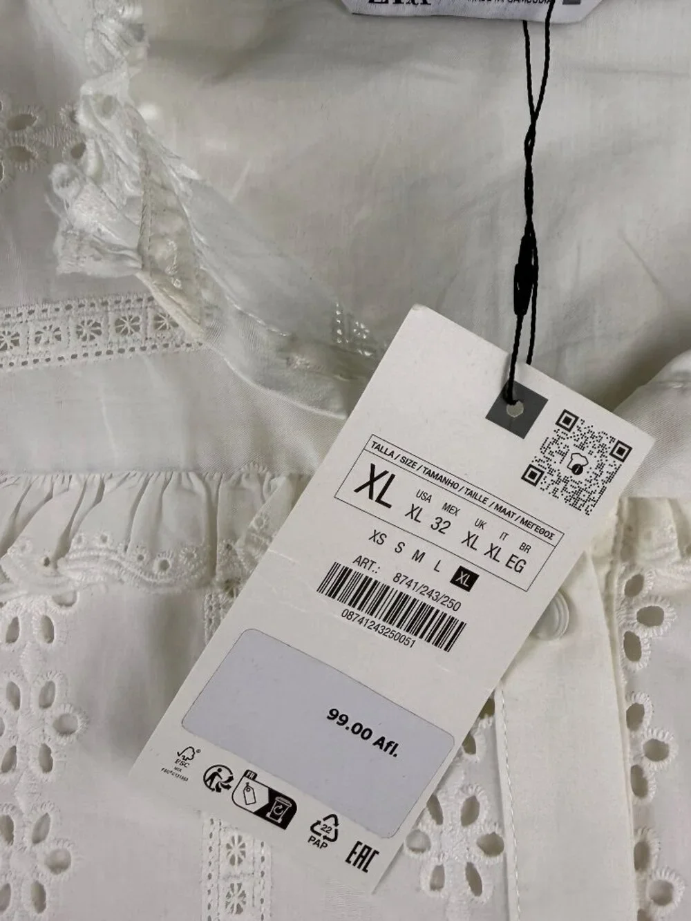 ZARA White Eyelet Ruffled Long Sleeve Blouse Size XL Cottagecore Boho